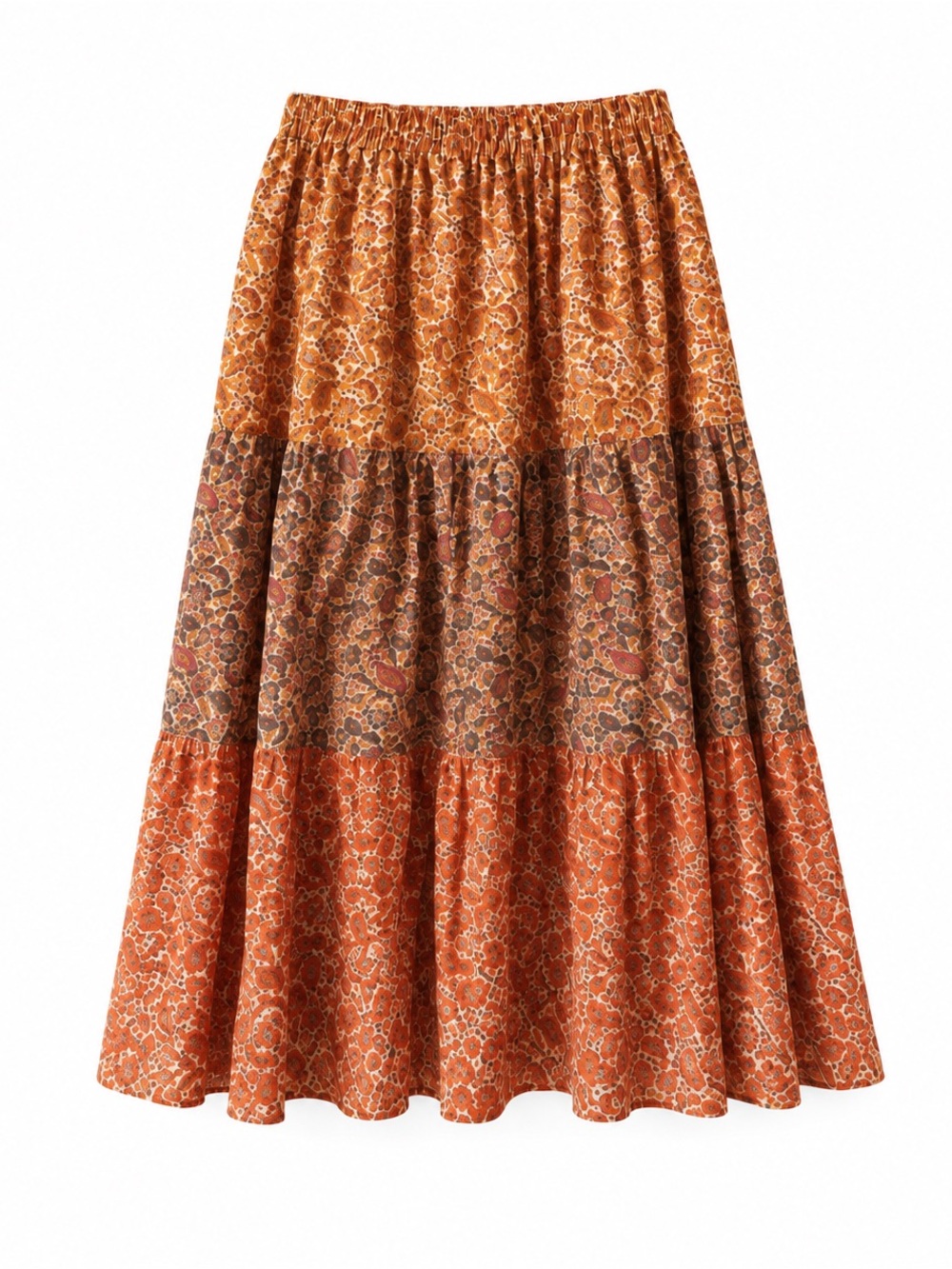 Vintage 90’s Ralph Lauren Paisley Tiered Long Skirt M Orange Brown Cotton Lined